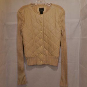Lamb Skin Leather & Rib Knit Zip Up Sweater Jacket